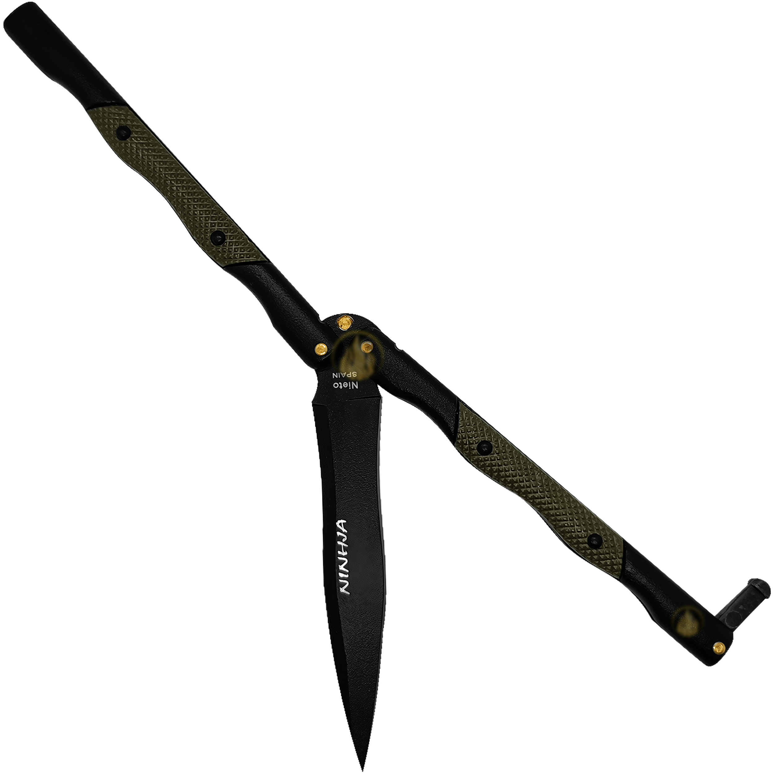 Cuchillo Navaja Mariposa Ninhja Miguel Nieto color negro con hoja de acero inoxidable AN58 de 10 cm, mango metálico, funda de cuero auténtico y seguro de cierre.