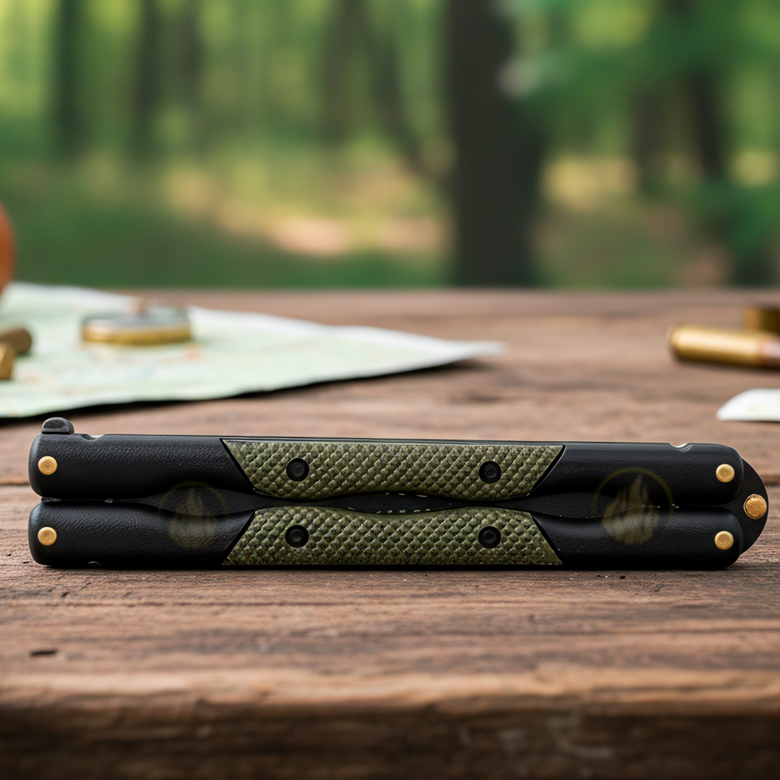 Cuchillo Navaja Mariposa Ninhja Miguel Nieto color negro con hoja de acero inoxidable AN58 de 10 cm, mango metálico, funda de cuero auténtico y seguro de cierre.