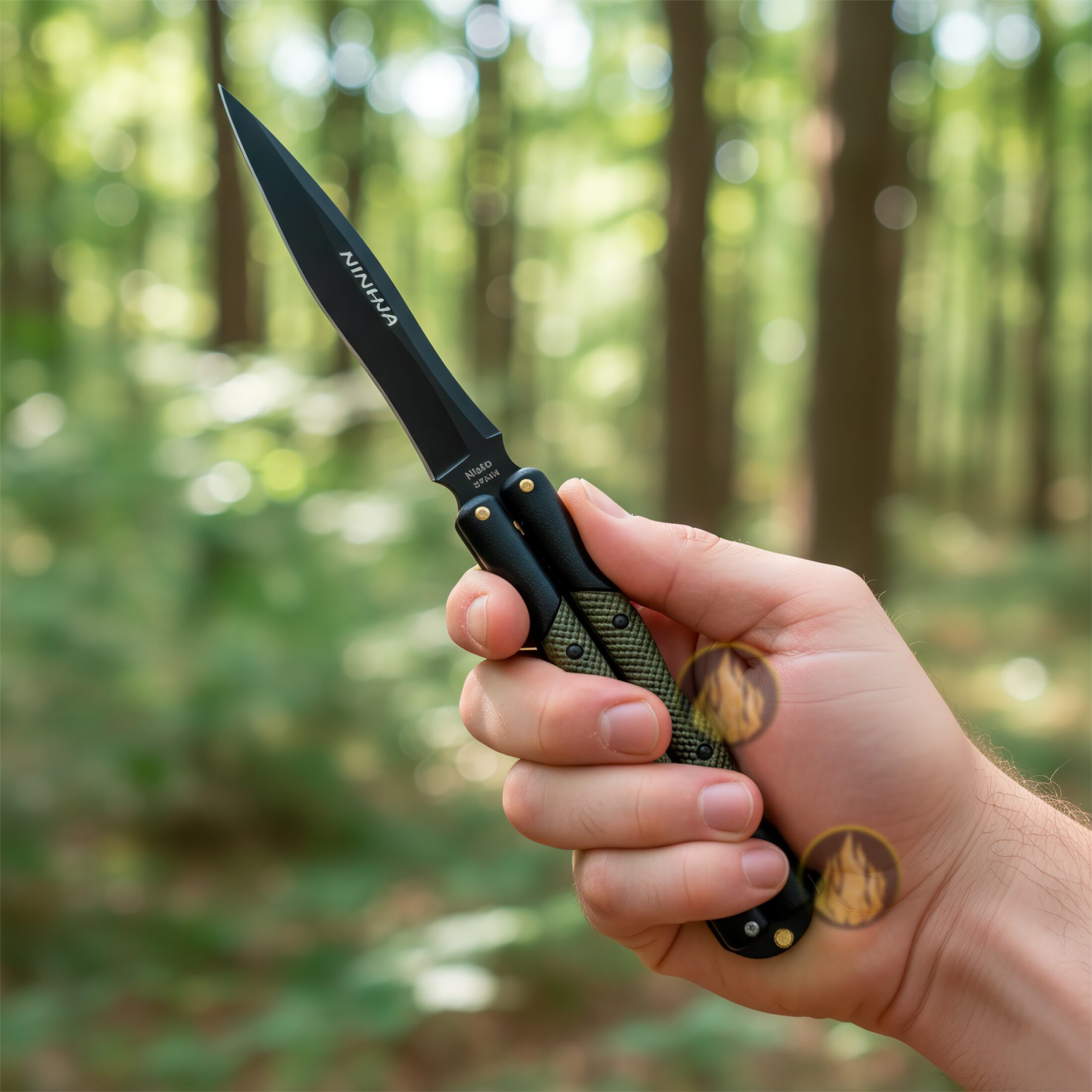 Cuchillo Navaja Mariposa Ninhja Miguel Nieto color negro con hoja de acero inoxidable AN58 de 10 cm, mango metálico, funda de cuero auténtico y seguro de cierre.