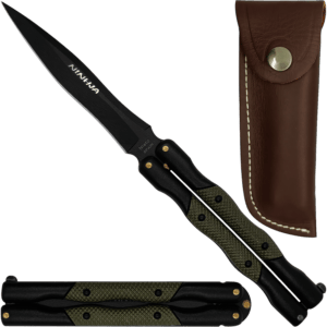 Cuchillo Navaja Mariposa Ninhja Miguel Nieto color negro con hoja de acero inoxidable AN58 de 10 cm, mango metálico, funda de cuero auténtico y seguro de cierre.