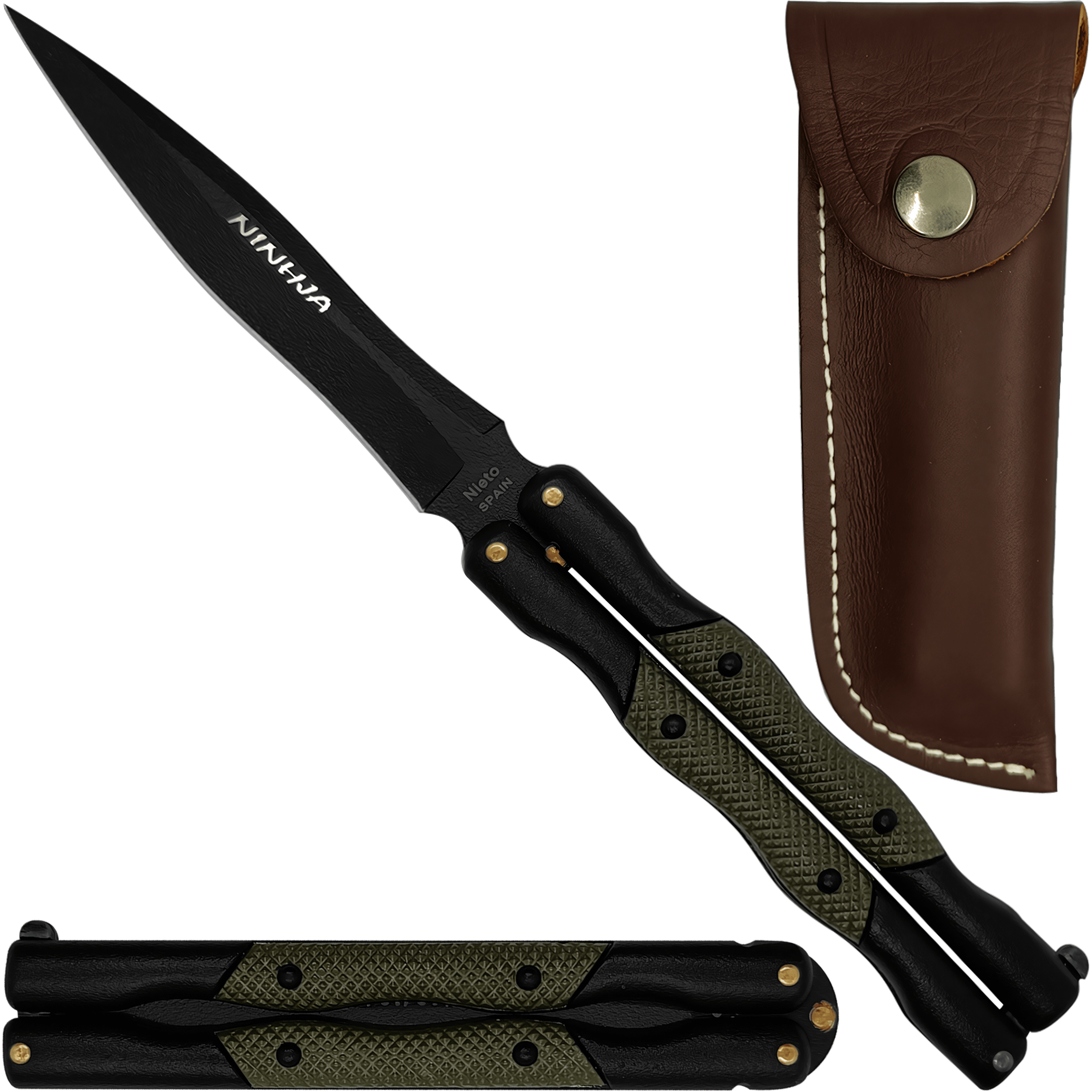 Cuchillo Navaja Mariposa Ninhja Miguel Nieto color negro con hoja de acero inoxidable AN58 de 10 cm, mango metálico, funda de cuero auténtico y seguro de cierre.