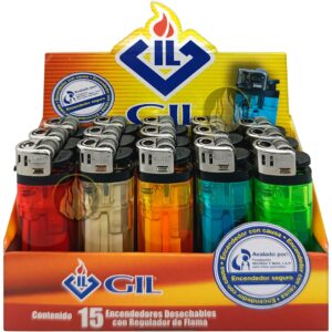 Encendedor Butano Mayoreo Desechable marca GIL en paquete de 15 piezas con encendido de piedra y regulador de flama.