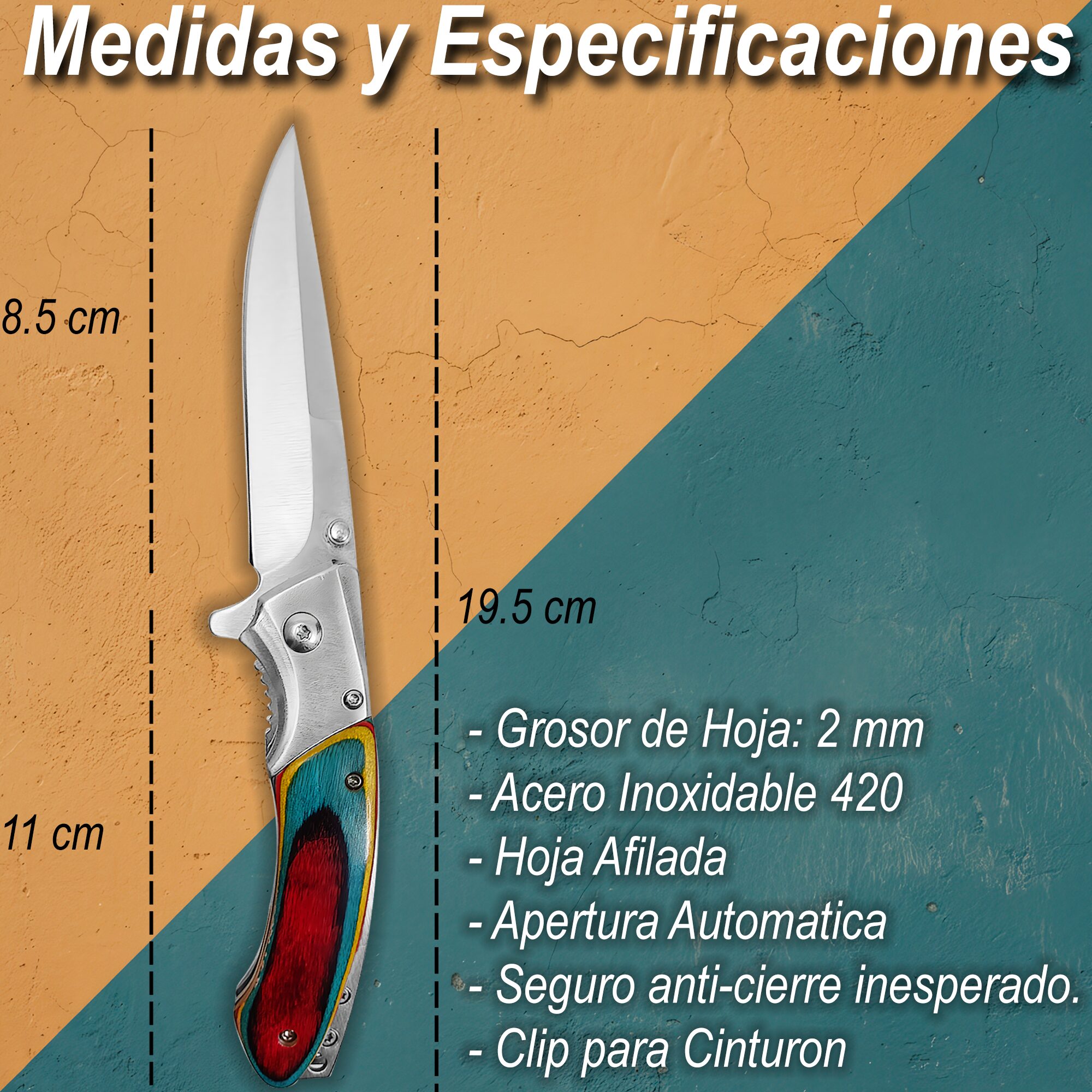 Navaja Automatica Mango Cachas de Madera marca Razor Tactical, con diseño de colores, hoja de acero inoxidable 440 de 8.5 cm, filo durable y seguro anti cierre inesperado.
