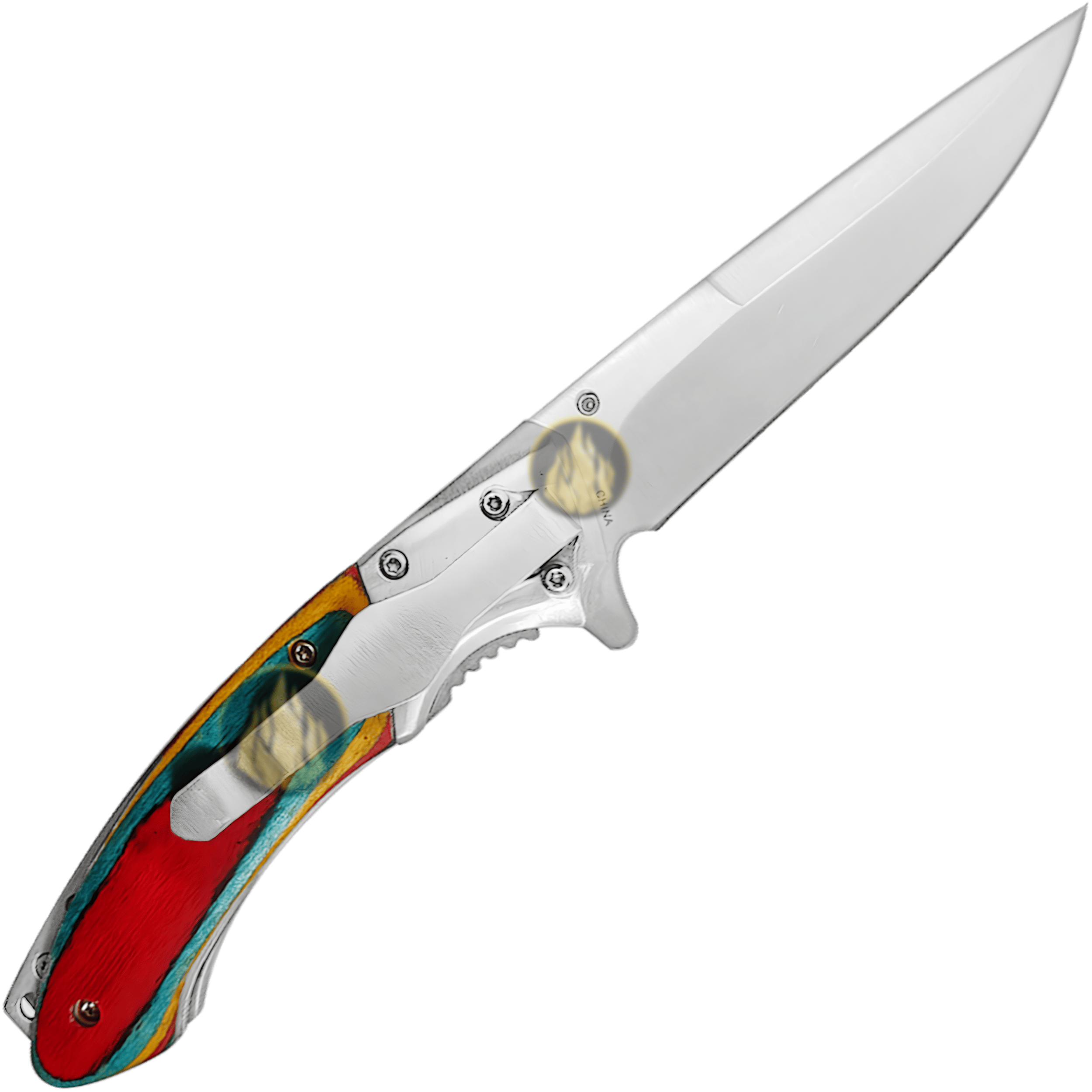 Navaja Automatica Mango Cachas de Madera marca Razor Tactical, con diseño de colores, hoja de acero inoxidable 440 de 8.5 cm, filo durable y seguro anti cierre inesperado.