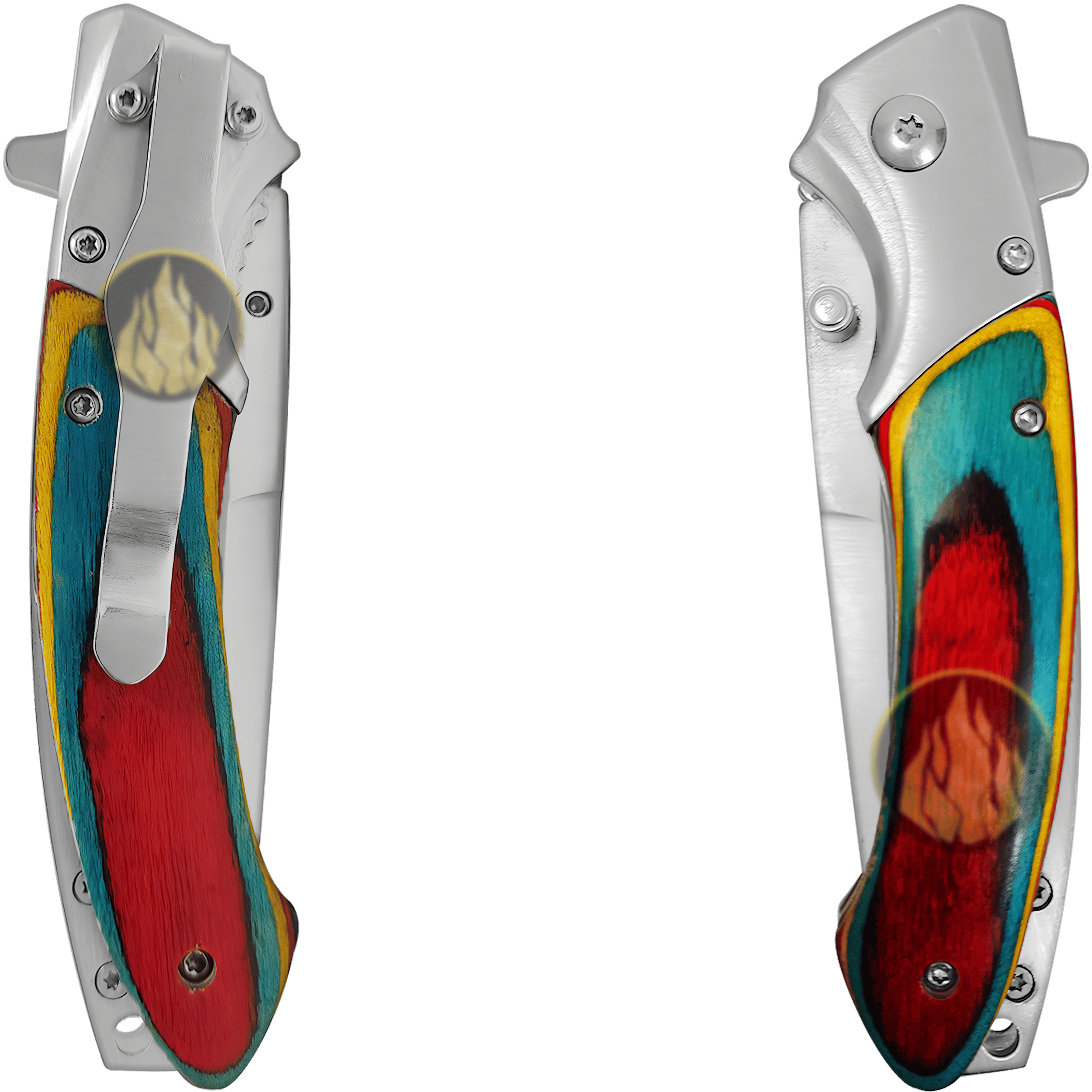 Navaja Automatica Mango Cachas de Madera marca Razor Tactical, con diseño de colores, hoja de acero inoxidable 440 de 8.5 cm, filo durable y seguro anti cierre inesperado.