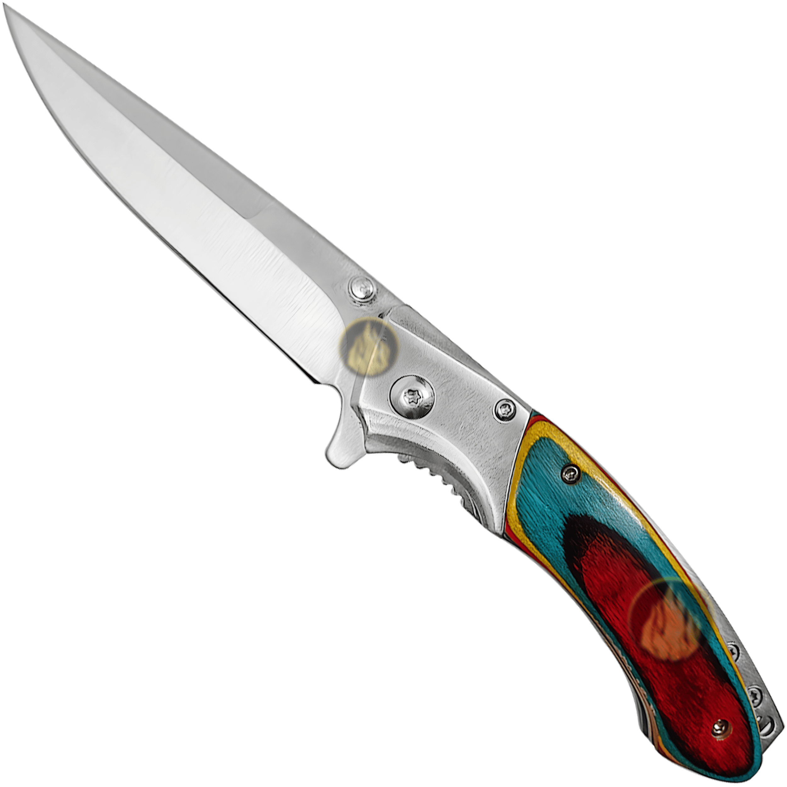 Navaja Automatica Mango Cachas de Madera marca Razor Tactical, con diseño de colores, hoja de acero inoxidable 440 de 8.5 cm, filo durable y seguro anti cierre inesperado.