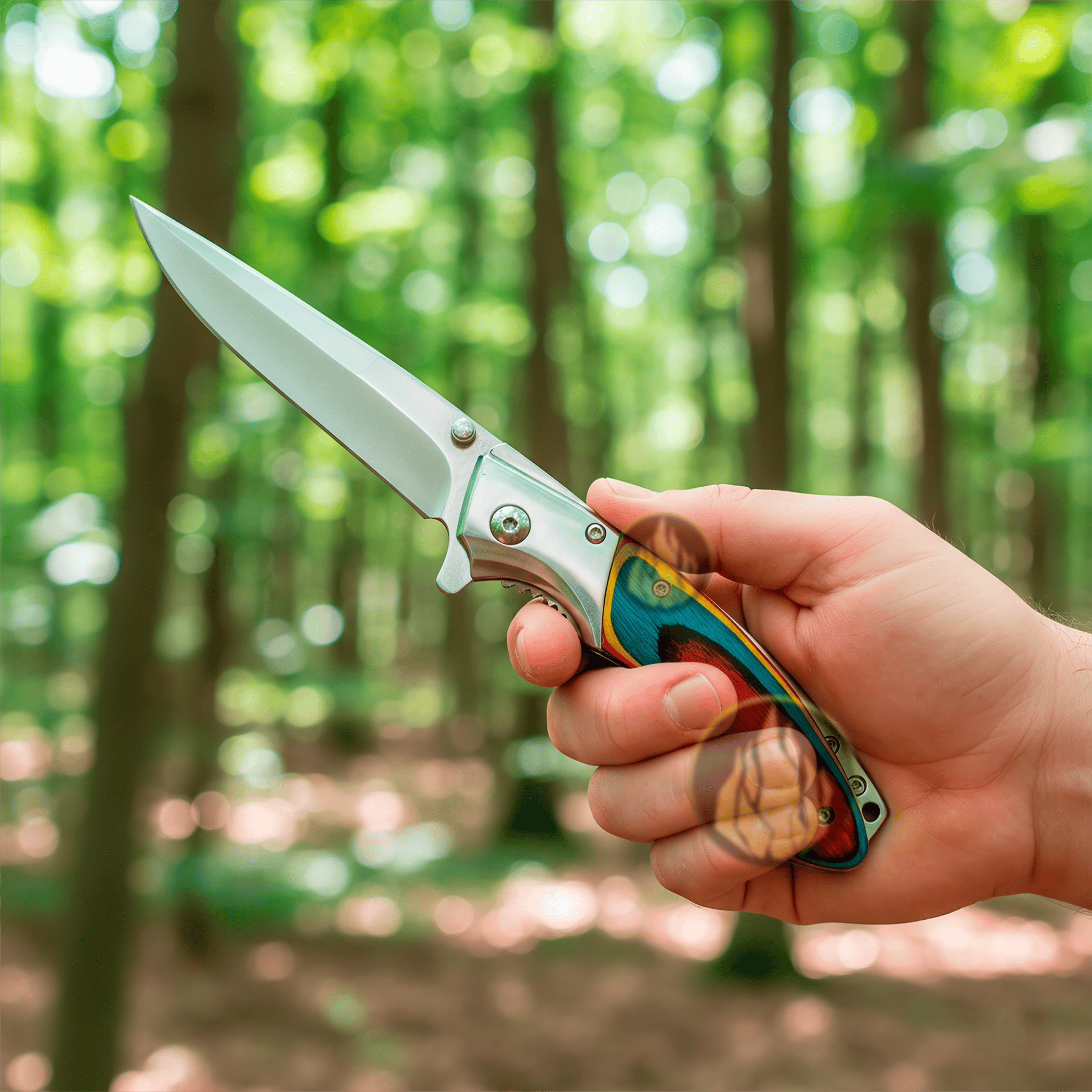 Navaja Automatica Mango Cachas de Madera marca Razor Tactical, con diseño de colores, hoja de acero inoxidable 440 de 8.5 cm, filo durable y seguro anti cierre inesperado.