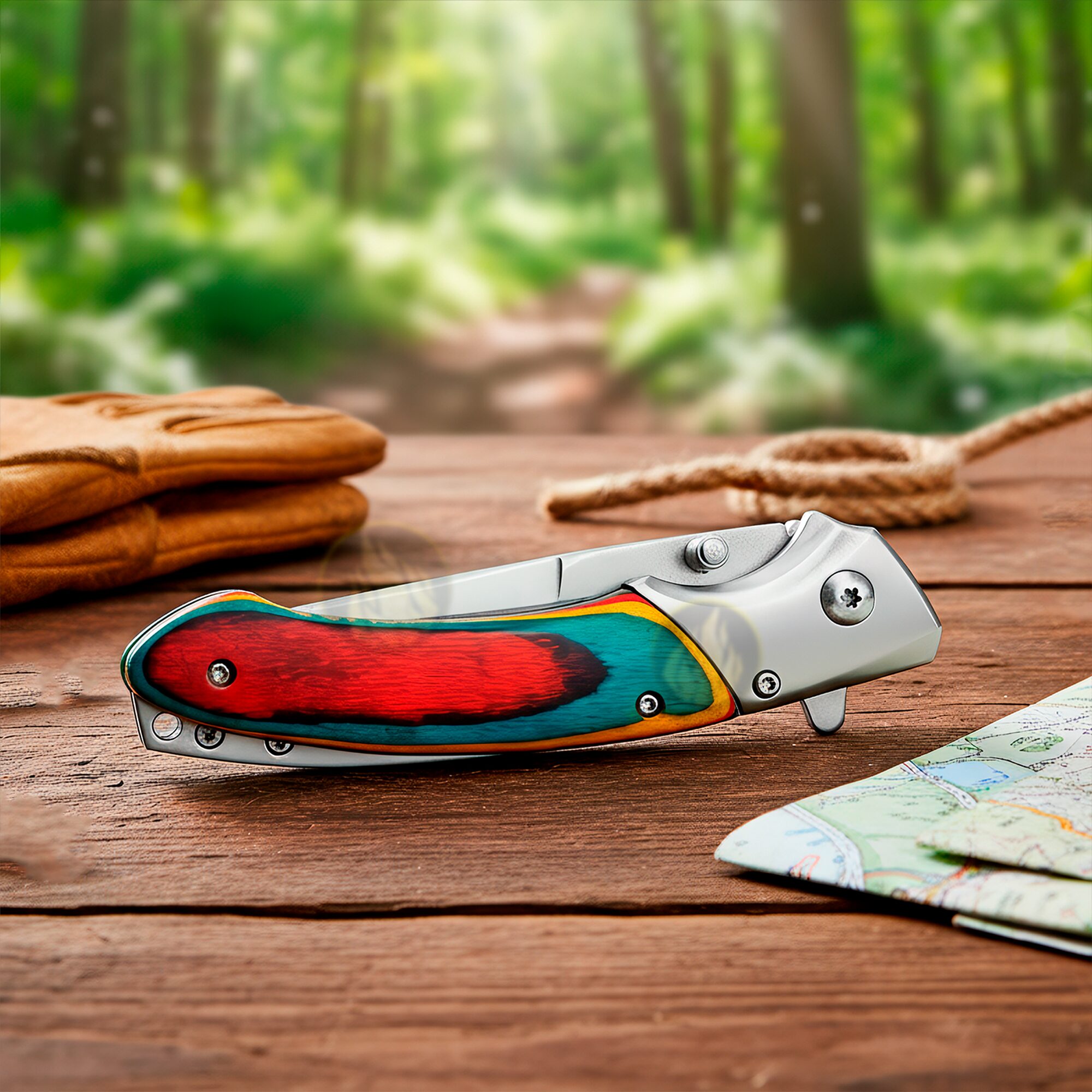 Navaja Automatica Mango Cachas de Madera marca Razor Tactical, con diseño de colores, hoja de acero inoxidable 440 de 8.5 cm, filo durable y seguro anti cierre inesperado.