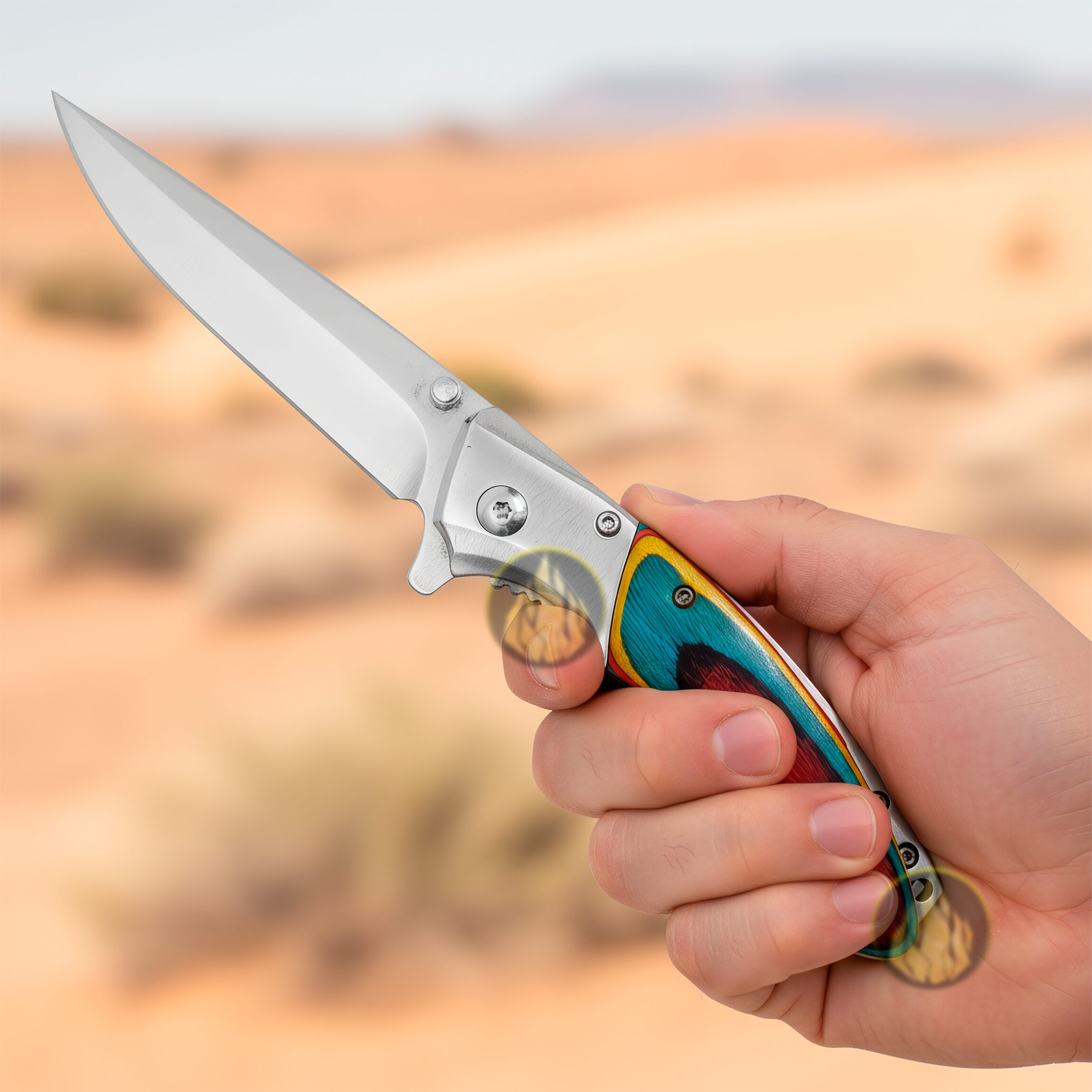 Navaja Automatica Mango Cachas de Madera marca Razor Tactical, con diseño de colores, hoja de acero inoxidable 440 de 8.5 cm, filo durable y seguro anti cierre inesperado.