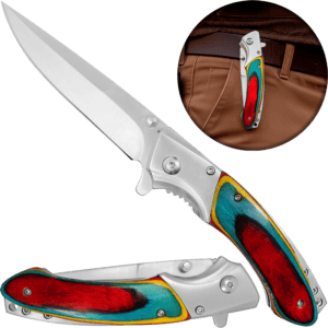 Navaja Automatica Mango Cachas de Madera marca Razor Tactical, con diseño de colores, hoja de acero inoxidable 440 de 8.5 cm, filo durable y seguro anti cierre inesperado.