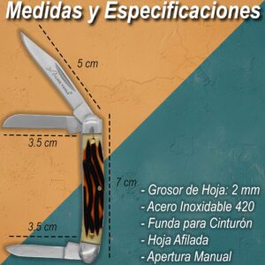Navaja Cachas Tipo Hueso marca Lion Tools modelo 7096 con 3 hojas lisas de acero inoxidable y funda de nylon para caza y campismo.