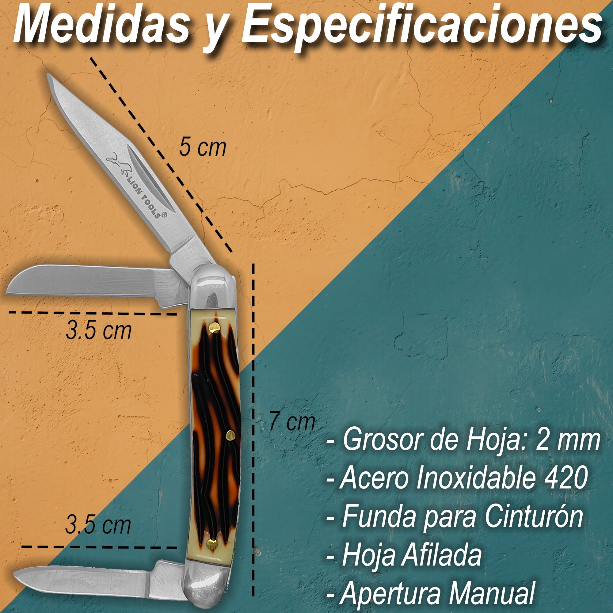 Navaja Cachas Tipo Hueso marca Lion Tools modelo 7096 con 3 hojas lisas de acero inoxidable y funda de nylon para caza y campismo.