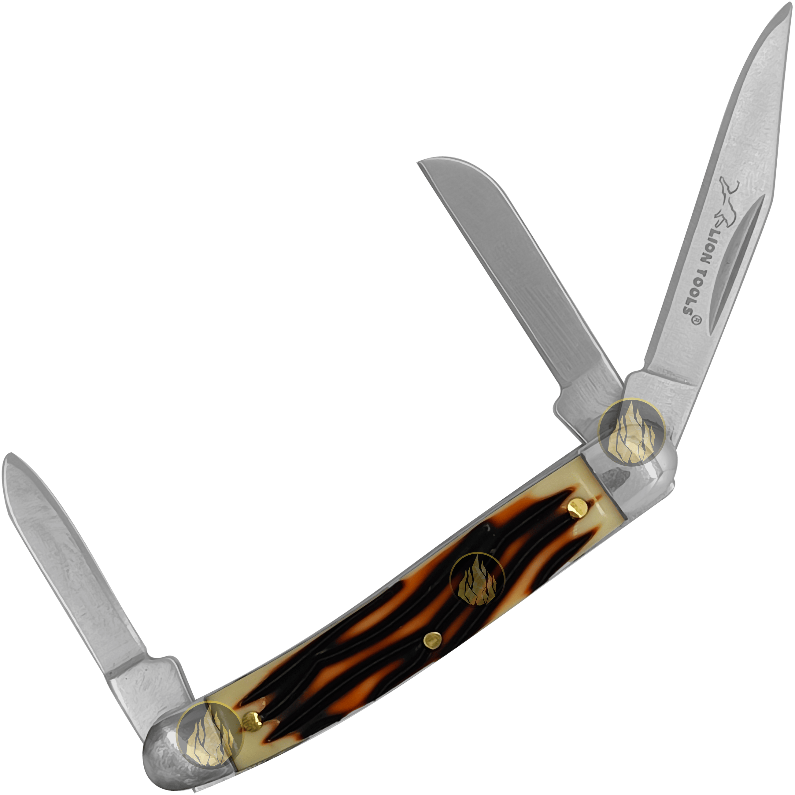 Navaja Cachas Tipo Hueso marca Lion Tools modelo 7096 con 3 hojas lisas de acero inoxidable y funda de nylon para caza y campismo.