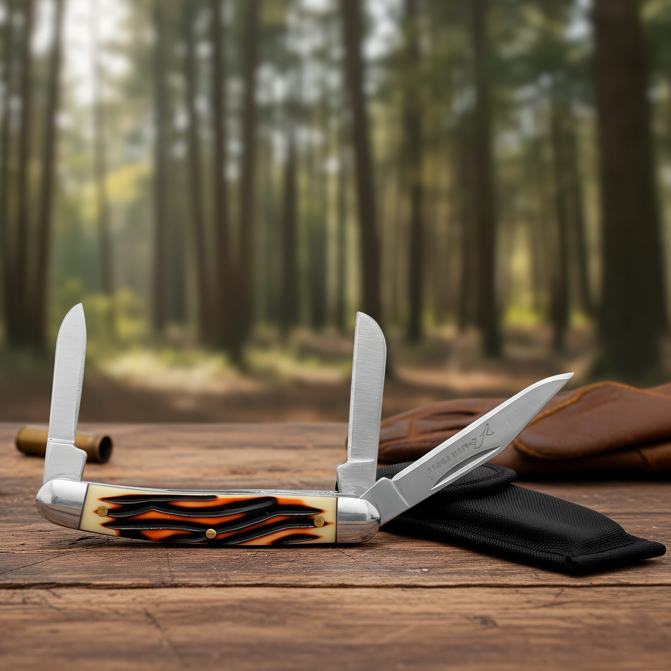 Navaja Cachas Tipo Hueso marca Lion Tools modelo 7096 con 3 hojas lisas de acero inoxidable y funda de nylon para caza y campismo.