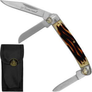 Navaja Cachas Tipo Hueso marca Lion Tools modelo 7096 con 3 hojas lisas de acero inoxidable y funda de nylon para caza y campismo.