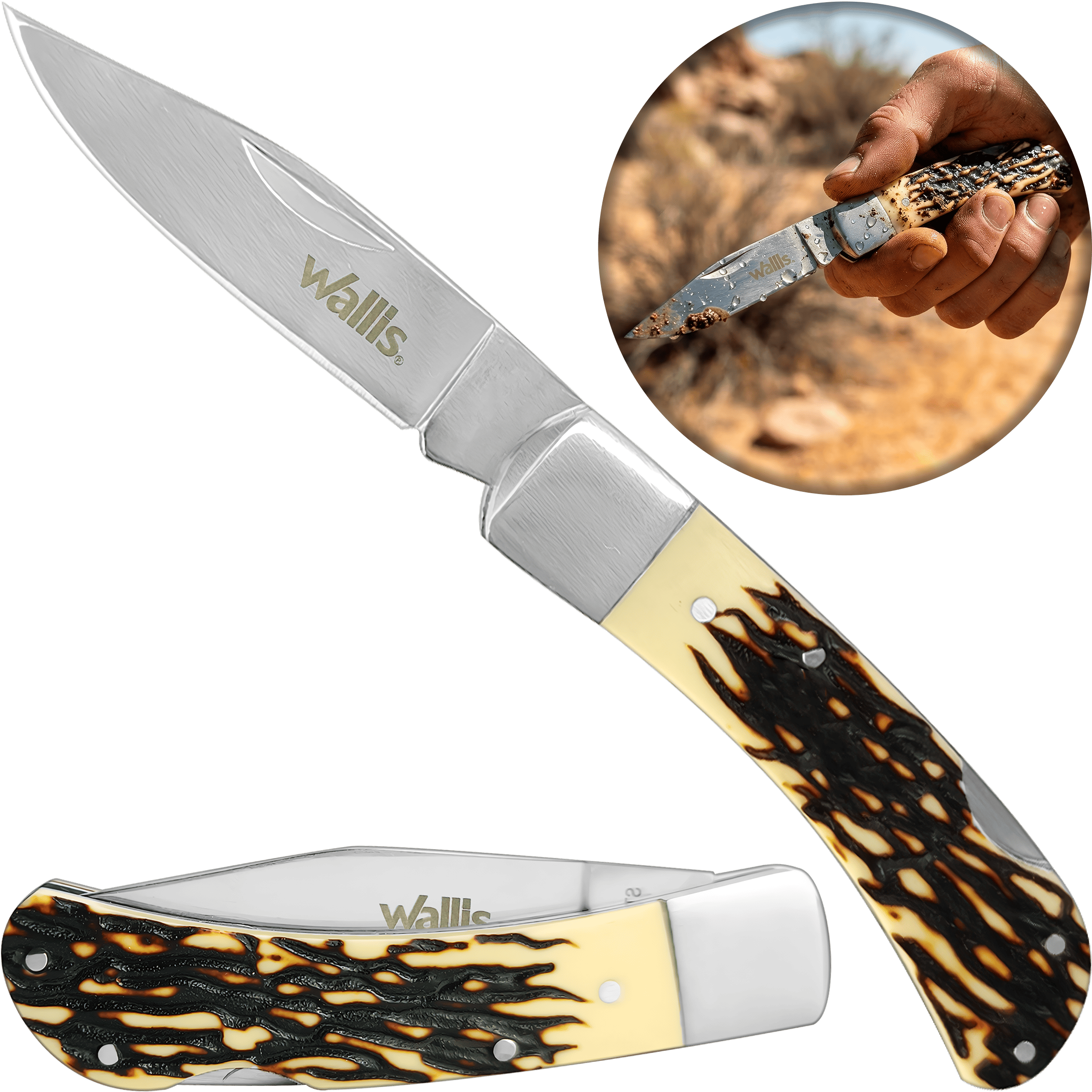 Navaja Cuerno De Venado Wallis modelo K901494 con hoja de acero inoxidable 3CR13 SS para caza y campismo. WA K901494