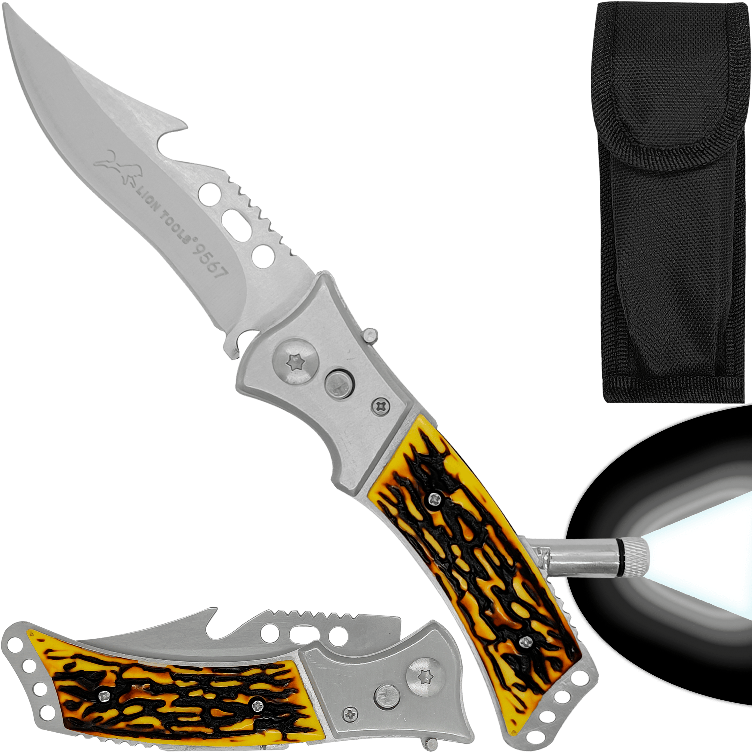 Navaja Automática Cachas Hueso marca Lion Tools modelo 9567 con hoja de acero inoxidable 420, apertura automática y funda de nylon.