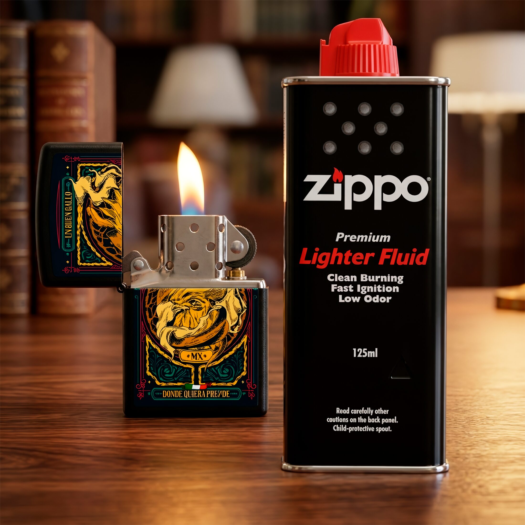 Encendedor Zippo Diseña Tu México Un Buen Gallo original marca Zippo, modelo MZ218-MEX24, con diseño mexicano y acabado metálico.
