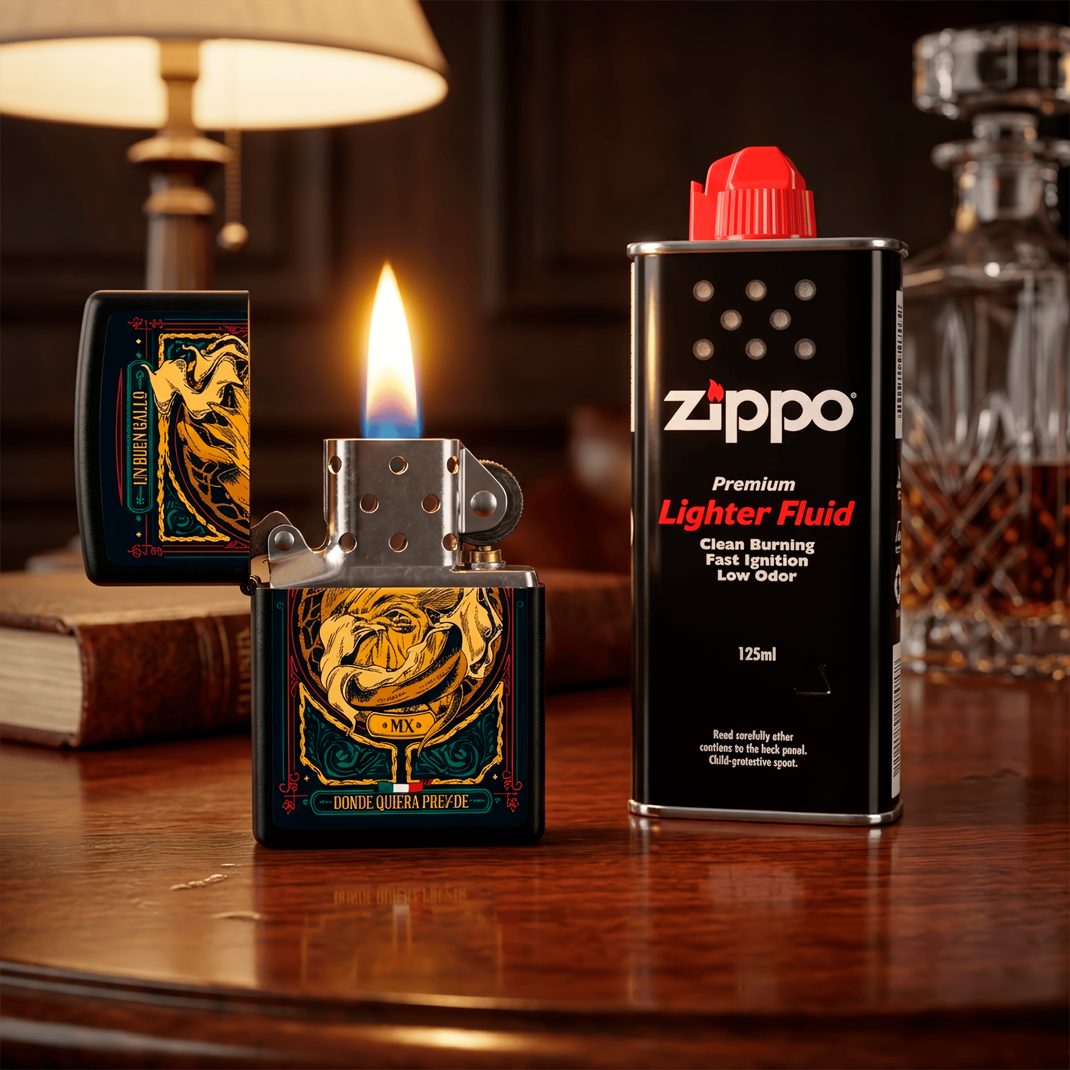 Encendedor Zippo Diseña Tu México Un Buen Gallo original marca Zippo, modelo MZ218-MEX24, con diseño mexicano y acabado metálico.
