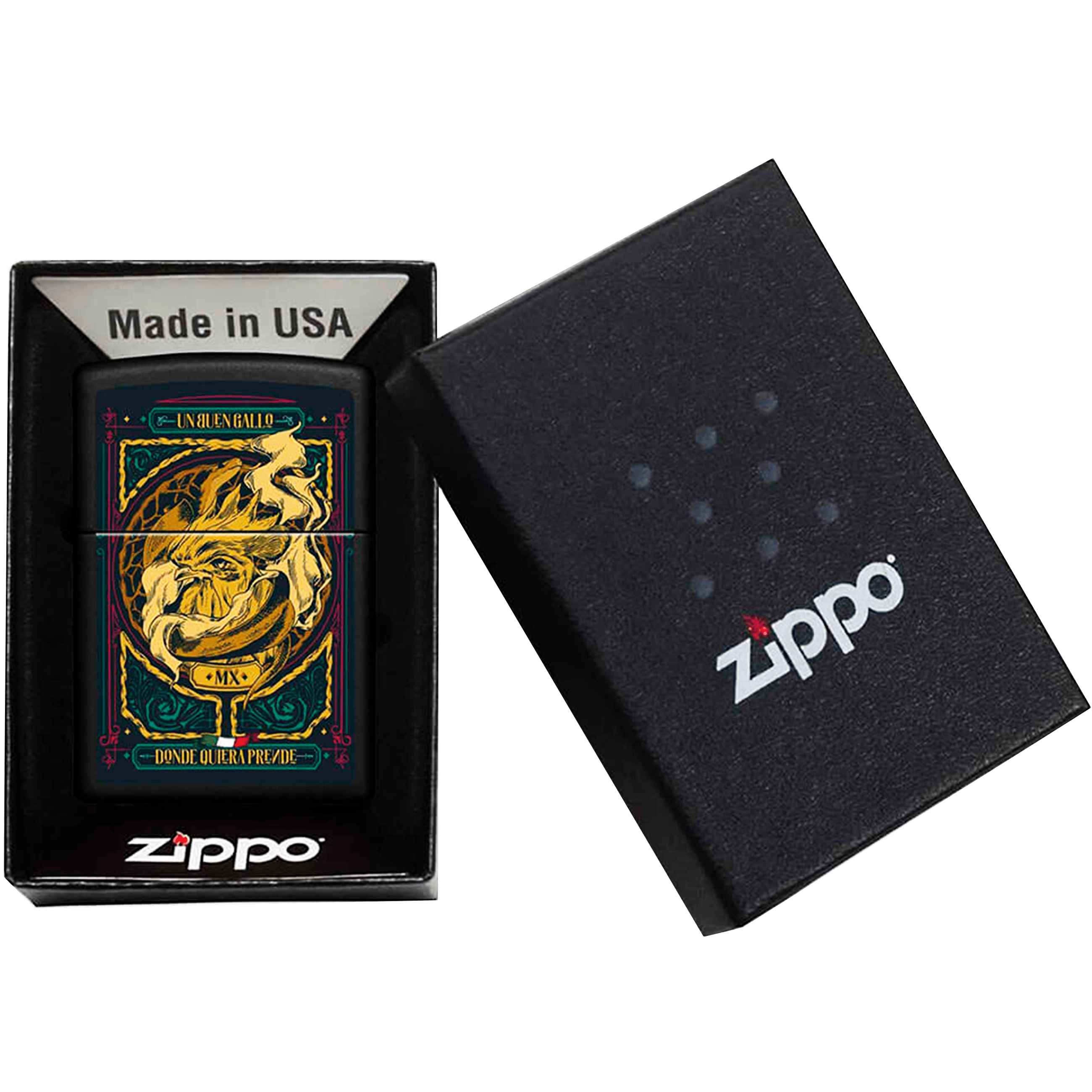 Encendedor Zippo Diseña Tu México Un Buen Gallo original marca Zippo, modelo MZ218-MEX24, con diseño mexicano y acabado metálico.