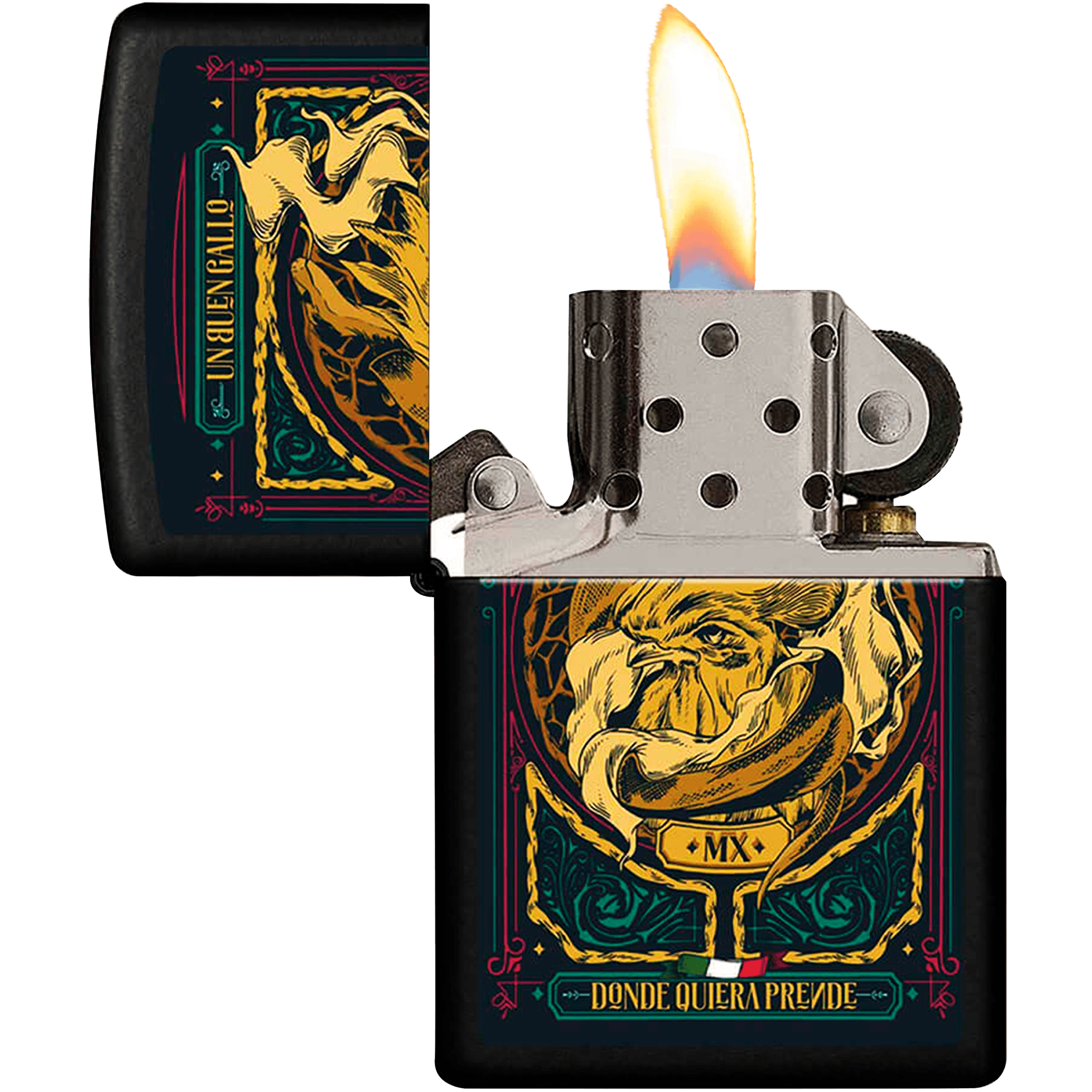 Encendedor Zippo Diseña Tu México Un Buen Gallo original marca Zippo, modelo MZ218-MEX24, con diseño mexicano y acabado metálico.