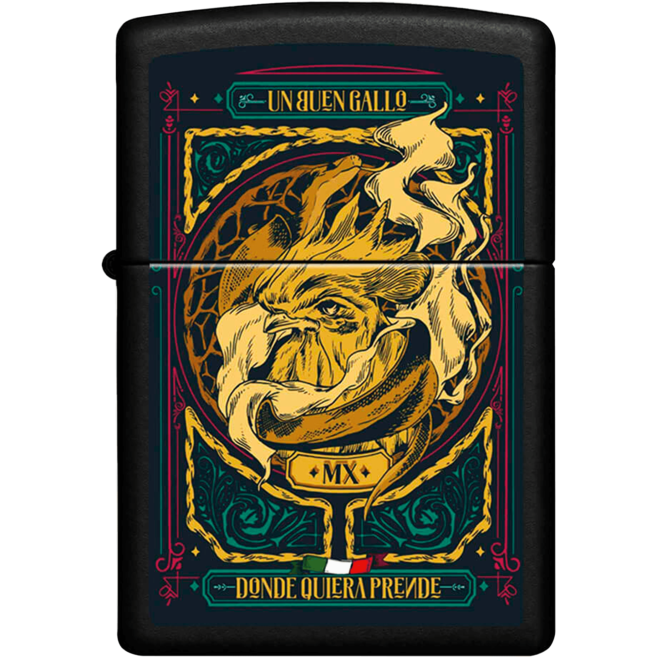 Encendedor Zippo Diseña Tu México Un Buen Gallo original marca Zippo, modelo MZ218-MEX24, con diseño mexicano y acabado metálico.