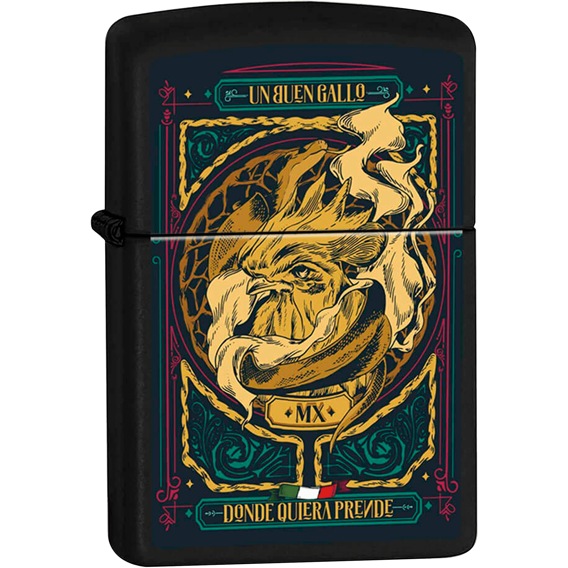 Encendedor Zippo Diseña Tu México Un Buen Gallo original marca Zippo, modelo MZ218-MEX24, con diseño mexicano y acabado metálico.