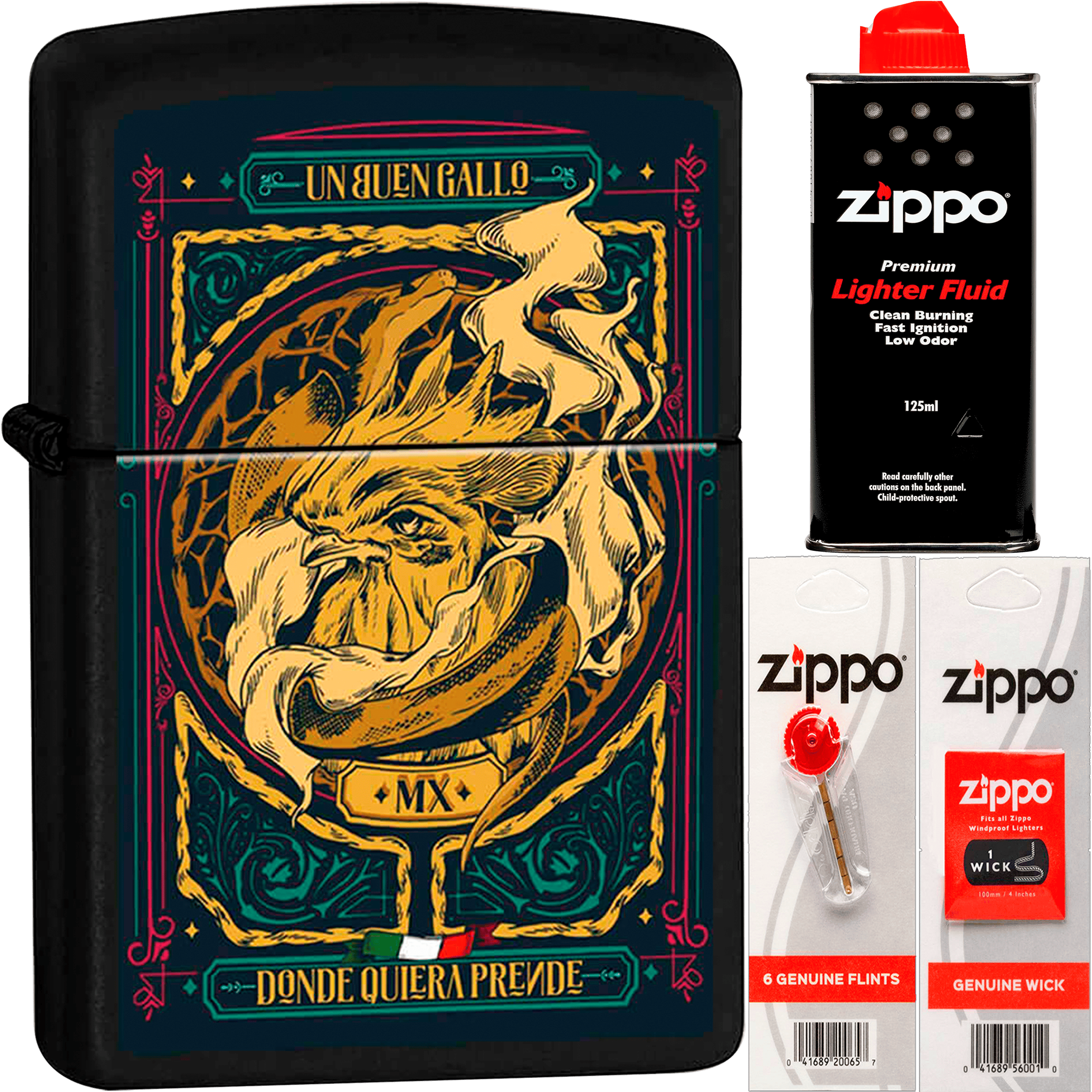 Encendedor Zippo Diseña Tu México Un Buen Gallo original marca Zippo, modelo MZ218-MEX24, con diseño mexicano y acabado metálico.