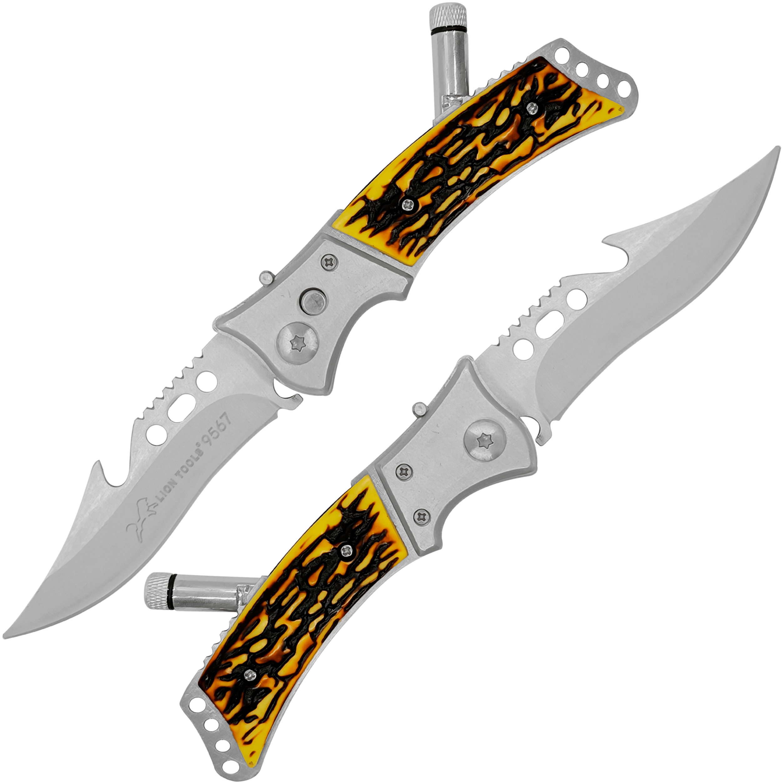 Navaja Automática Cachas Hueso marca Lion Tools modelo 9567 con hoja de acero inoxidable 420, apertura automática y funda de nylon.