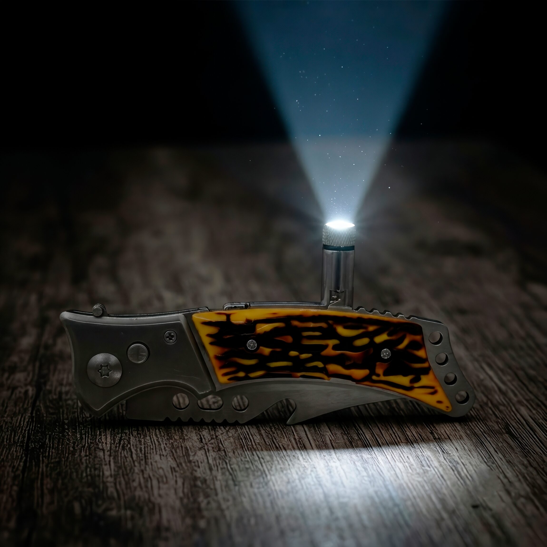 Navaja Automática Cachas Hueso marca Lion Tools modelo 9567 con hoja de acero inoxidable 420, apertura automática y funda de nylon.