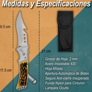Navaja Automática Cachas Hueso marca Lion Tools modelo 9567 con hoja de acero inoxidable 420, apertura automática y funda de nylon.