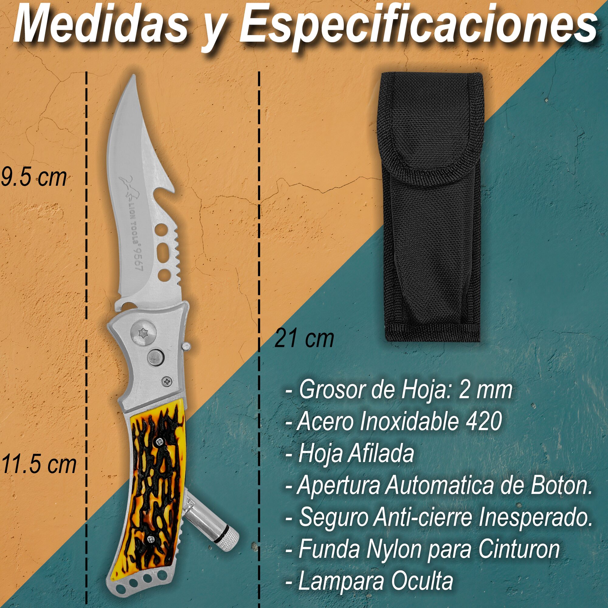 Navaja Automática Cachas Hueso marca Lion Tools modelo 9567 con hoja de acero inoxidable 420, apertura automática y funda de nylon.