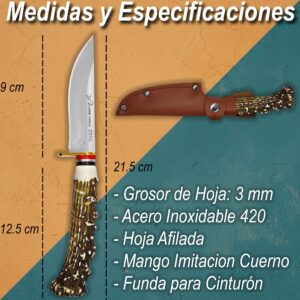 Cuchillo Imitación Cuerno Venado Acero Lion Tools modelo 9396 con hoja de acero inoxidable, mango de plástico imitación cuerno de venado y funda de cuero sintético.