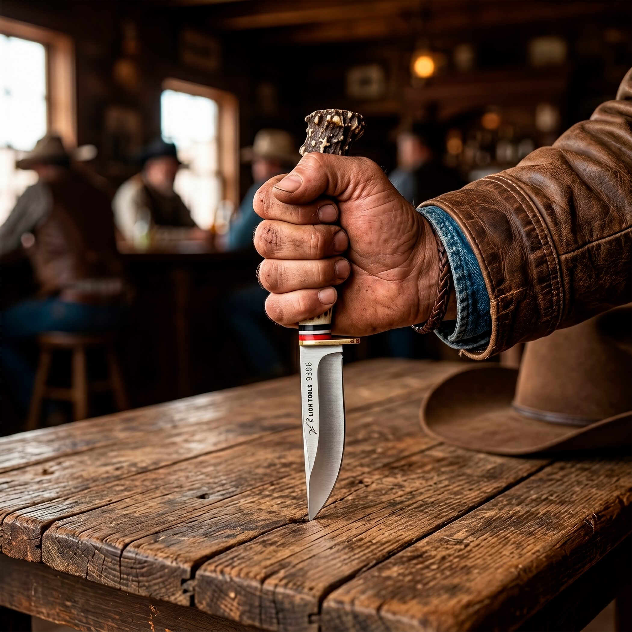 Cuchillo Imitación Cuerno Venado Acero Lion Tools modelo 9396 con hoja de acero inoxidable, mango de plástico imitación cuerno de venado y funda de cuero sintético.