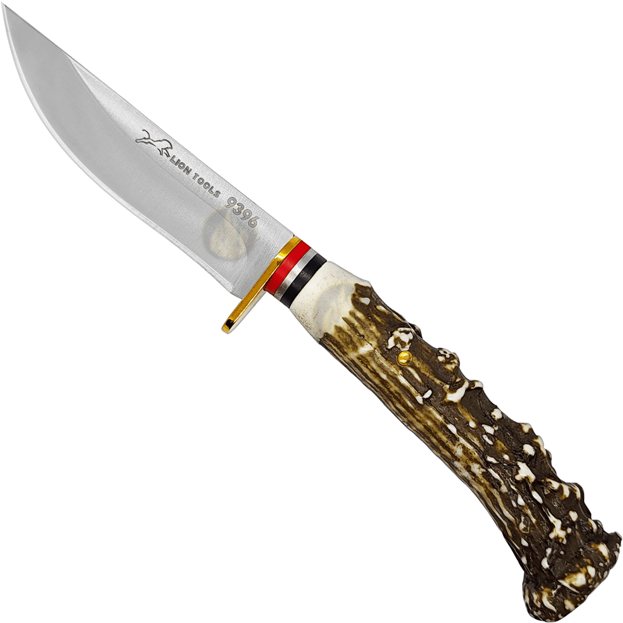 Cuchillo Imitación Cuerno Venado Acero Lion Tools modelo 9396 con hoja de acero inoxidable, mango de plástico imitación cuerno de venado y funda de cuero sintético.