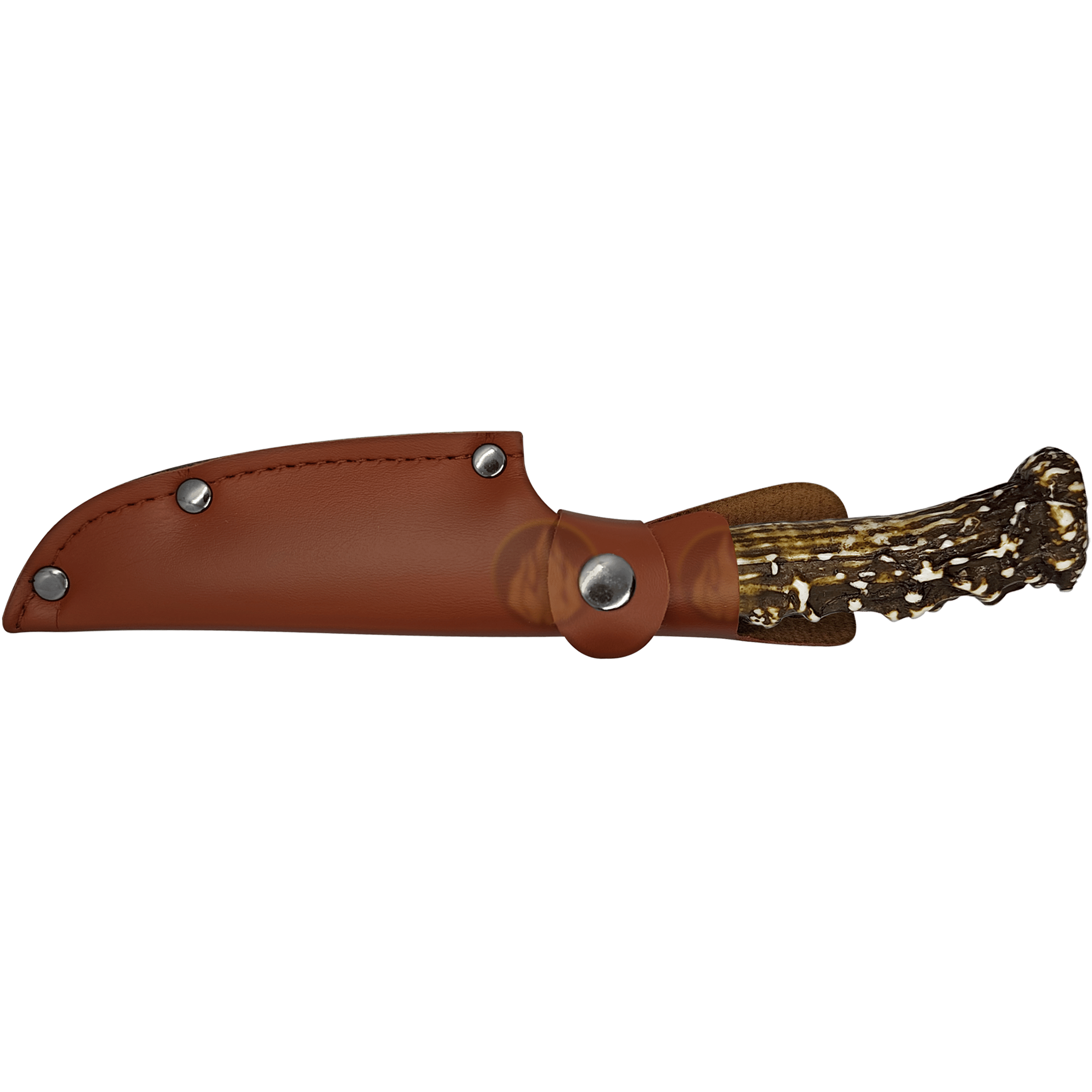 Cuchillo Imitación Cuerno Venado Acero Lion Tools modelo 9396 con hoja de acero inoxidable, mango de plástico imitación cuerno de venado y funda de cuero sintético.