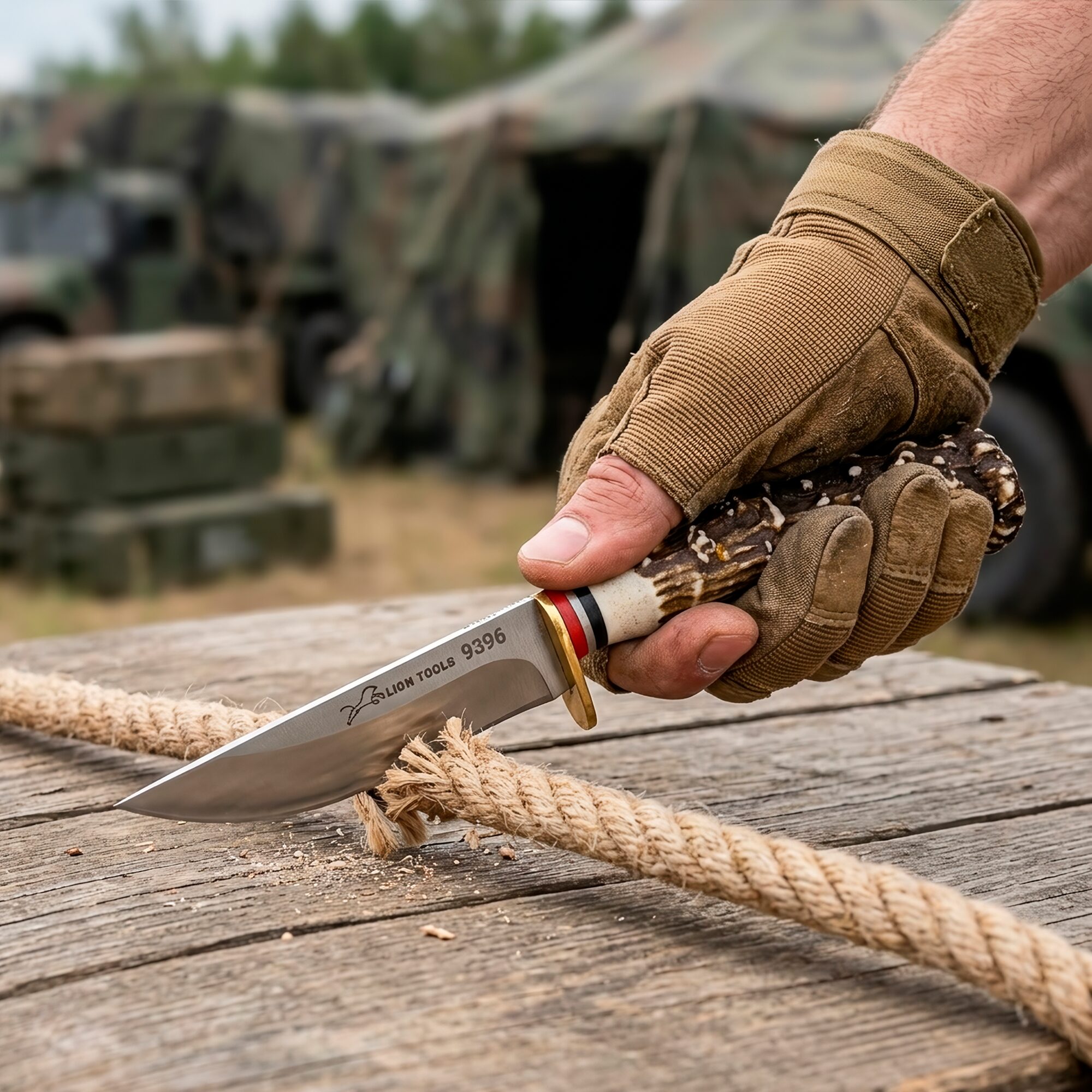 Cuchillo Imitación Cuerno Venado Acero Lion Tools modelo 9396 con hoja de acero inoxidable, mango de plástico imitación cuerno de venado y funda de cuero sintético.
