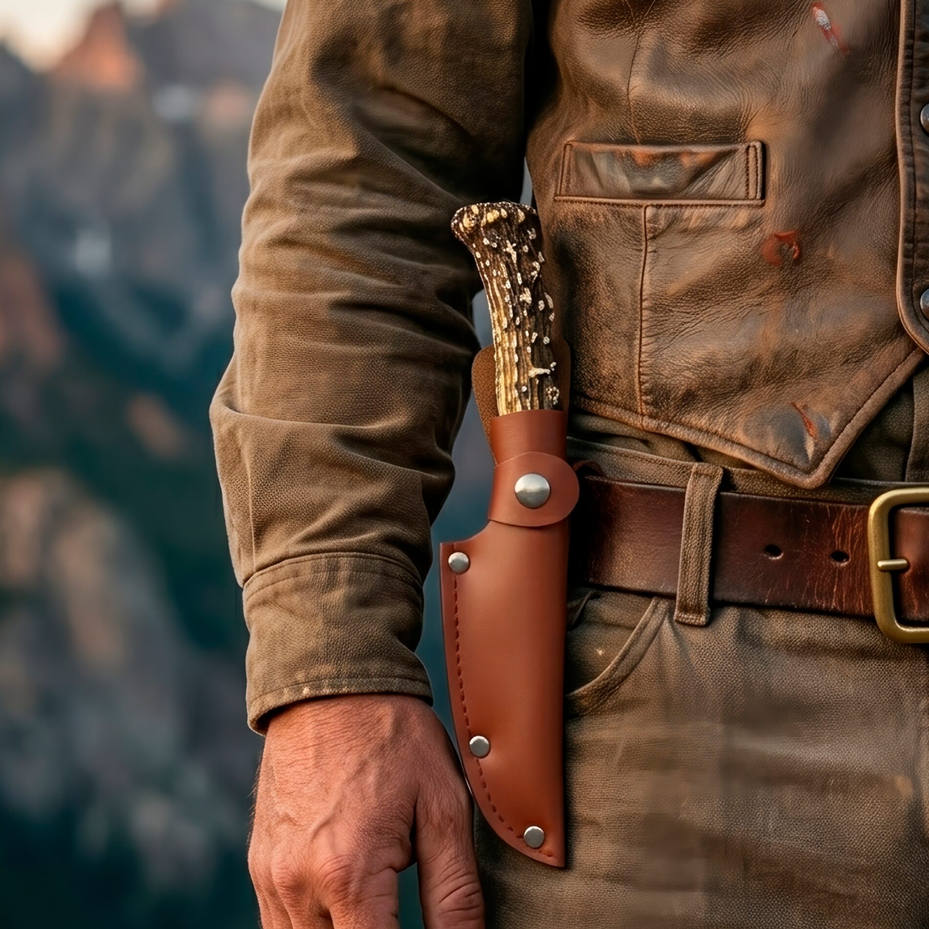 Cuchillo Imitación Cuerno Venado Acero Lion Tools modelo 9396 con hoja de acero inoxidable, mango de plástico imitación cuerno de venado y funda de cuero sintético.