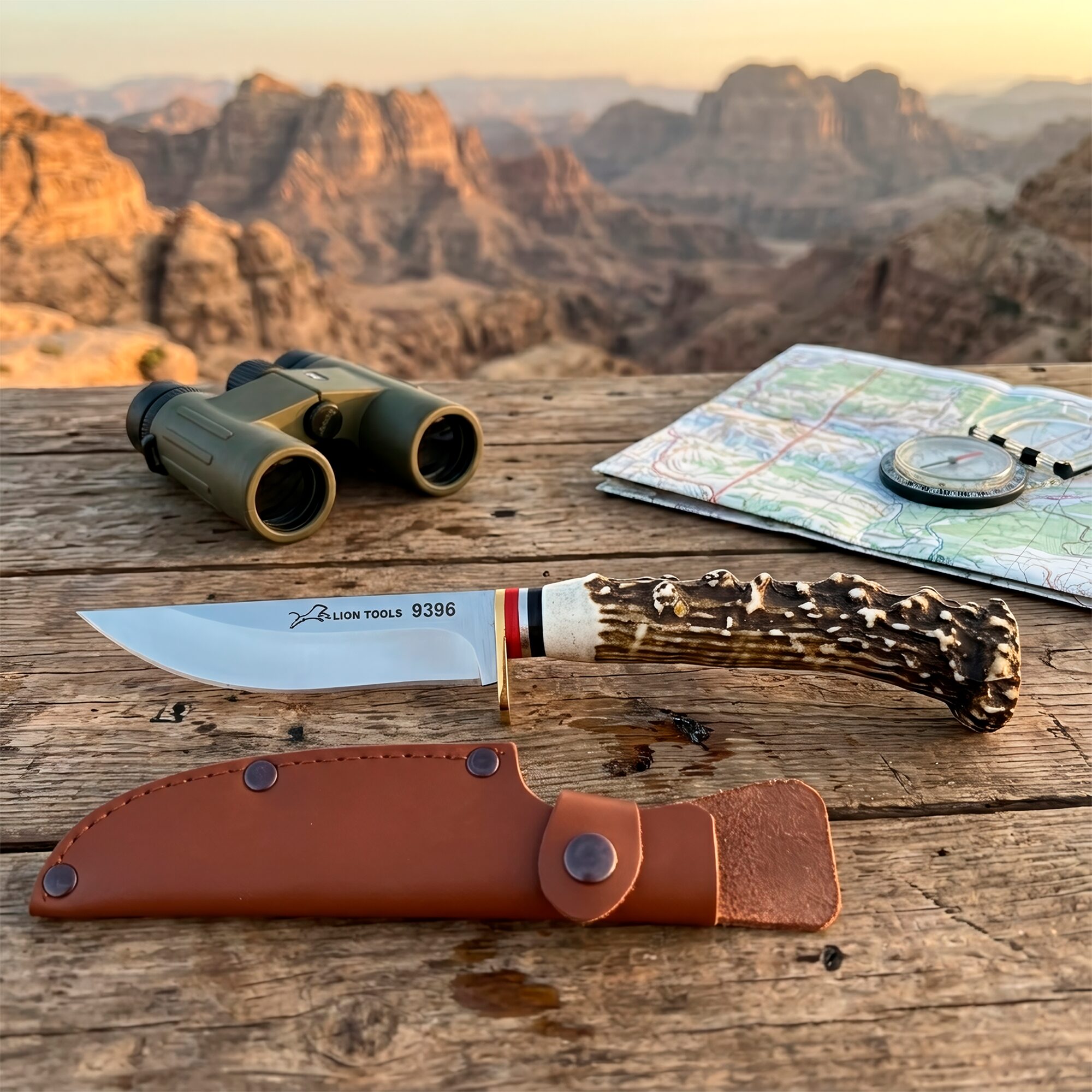 Cuchillo Imitación Cuerno Venado Acero Lion Tools modelo 9396 con hoja de acero inoxidable, mango de plástico imitación cuerno de venado y funda de cuero sintético.