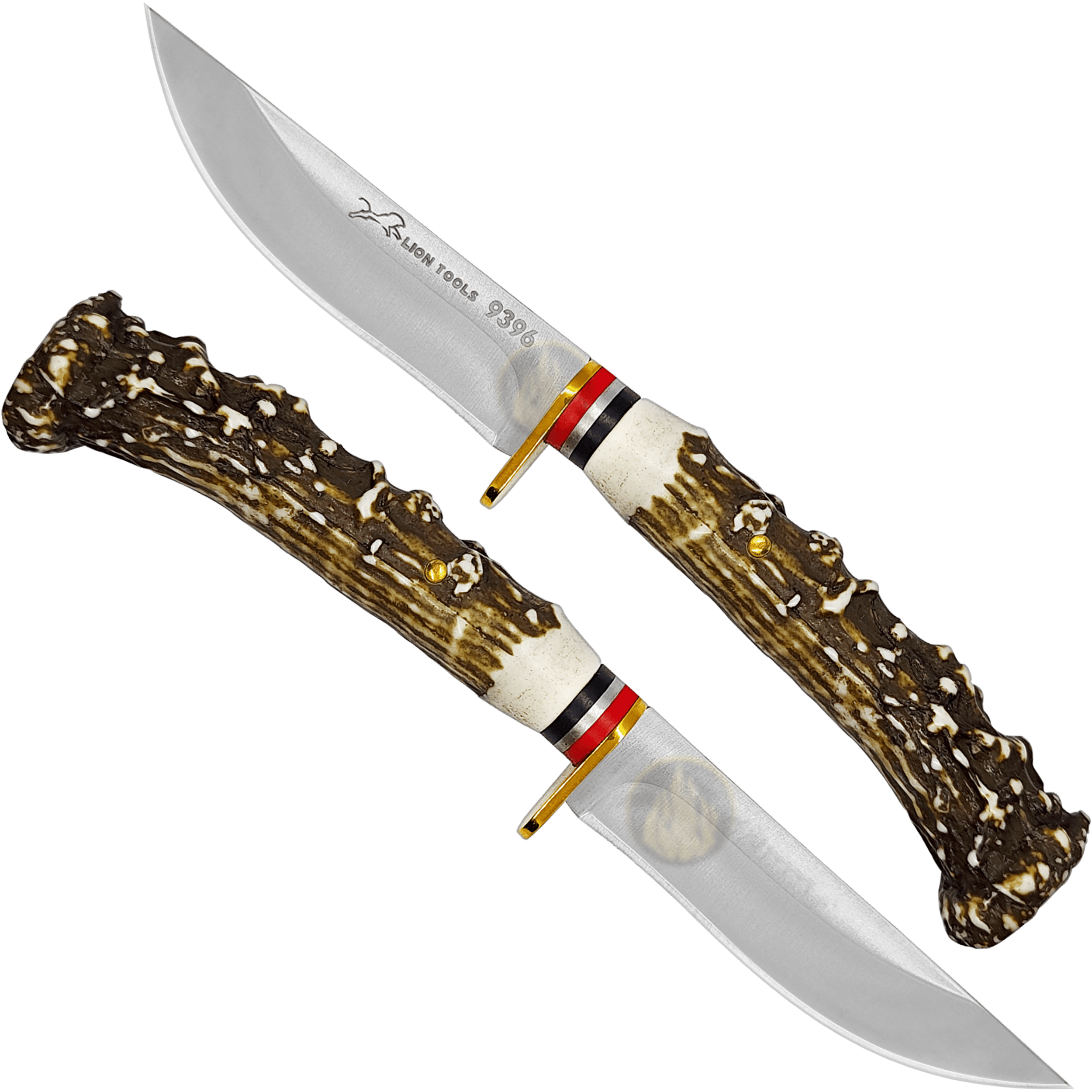 Cuchillo Imitación Cuerno Venado Acero Lion Tools modelo 9396 con hoja de acero inoxidable, mango de plástico imitación cuerno de venado y funda de cuero sintético.