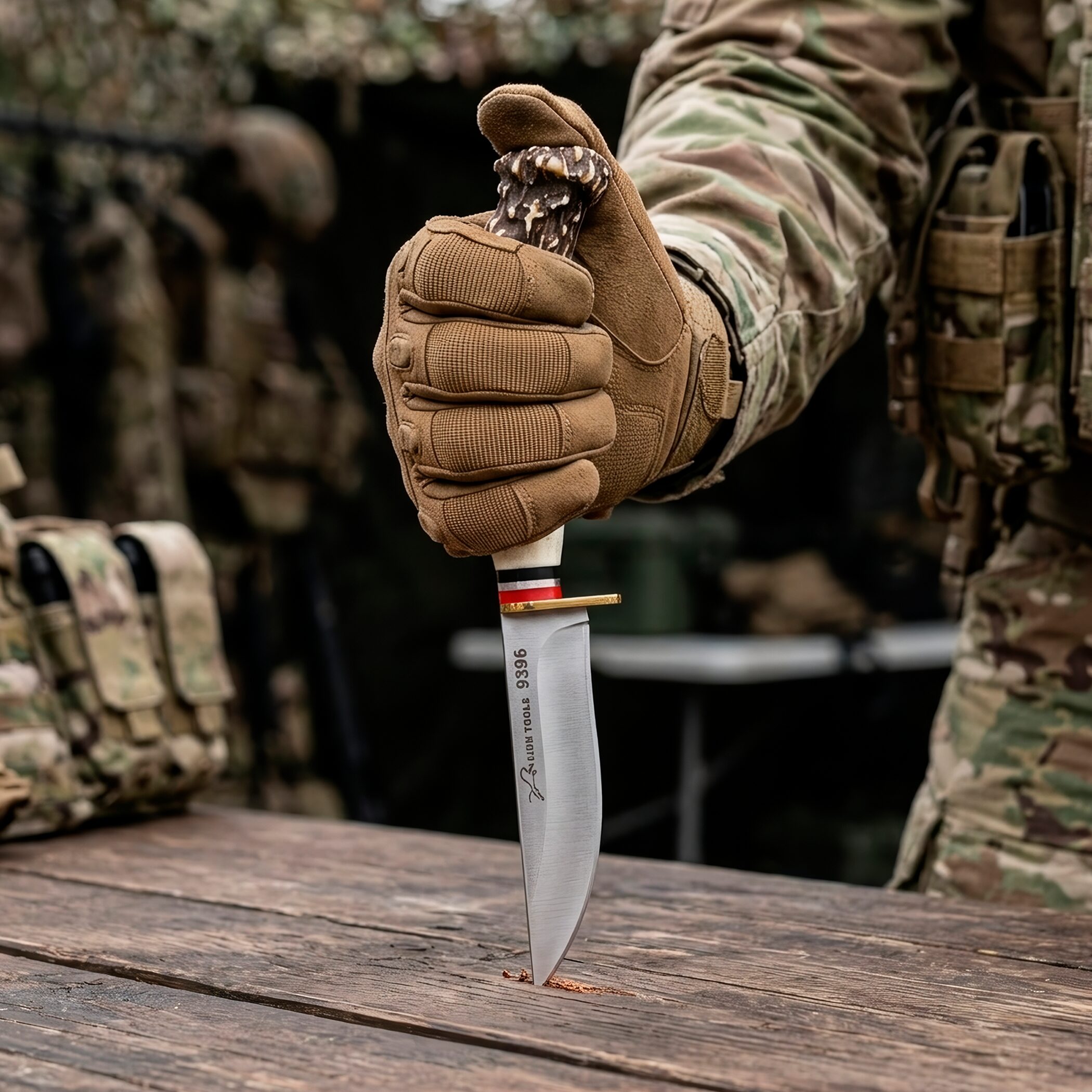Cuchillo Imitación Cuerno Venado Acero Lion Tools modelo 9396 con hoja de acero inoxidable, mango de plástico imitación cuerno de venado y funda de cuero sintético.