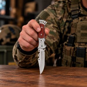 Navaja Automática Lion Tools con mango de madera, apertura de botón y hoja de acero inoxidable. 9559